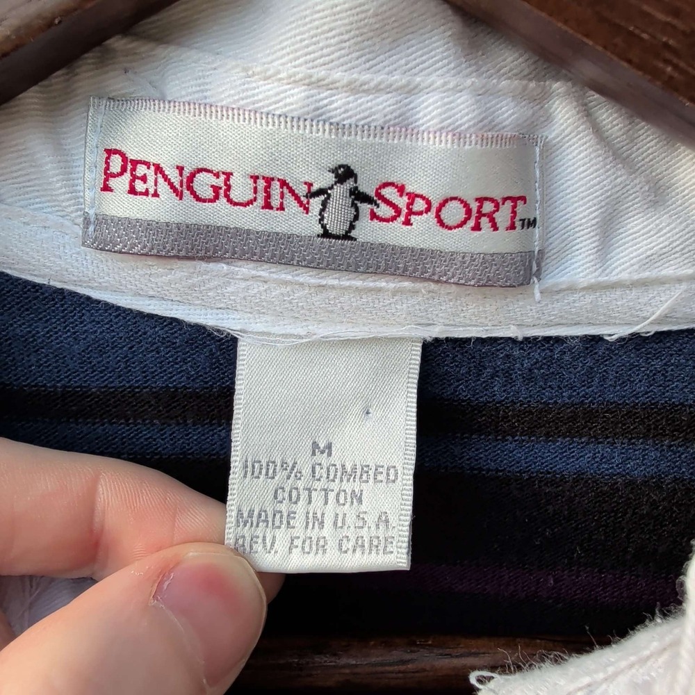Penguin Sport Rugby Shirt Mens Medium Purple Teal Blue Striped Made in USA - Picture 3 of 4